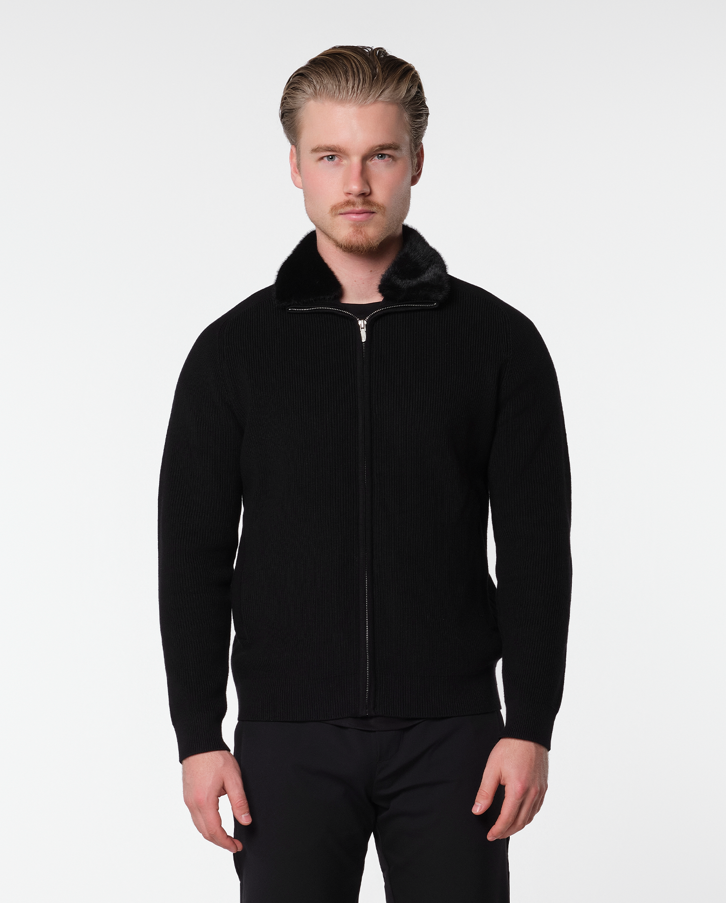 FURNECK KNIT JACKET - BLACK