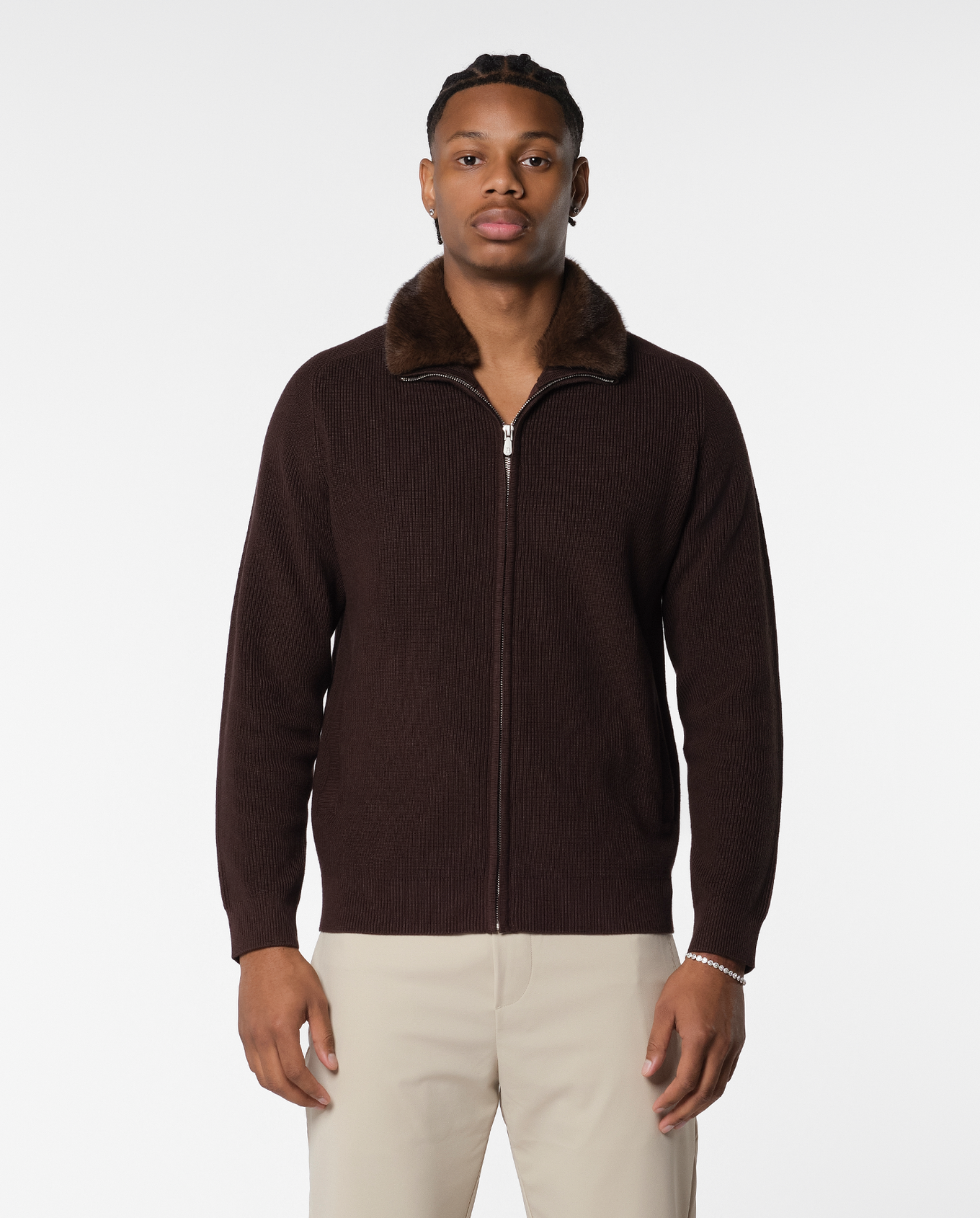 FURNECK KNIT JACKET - BROWN