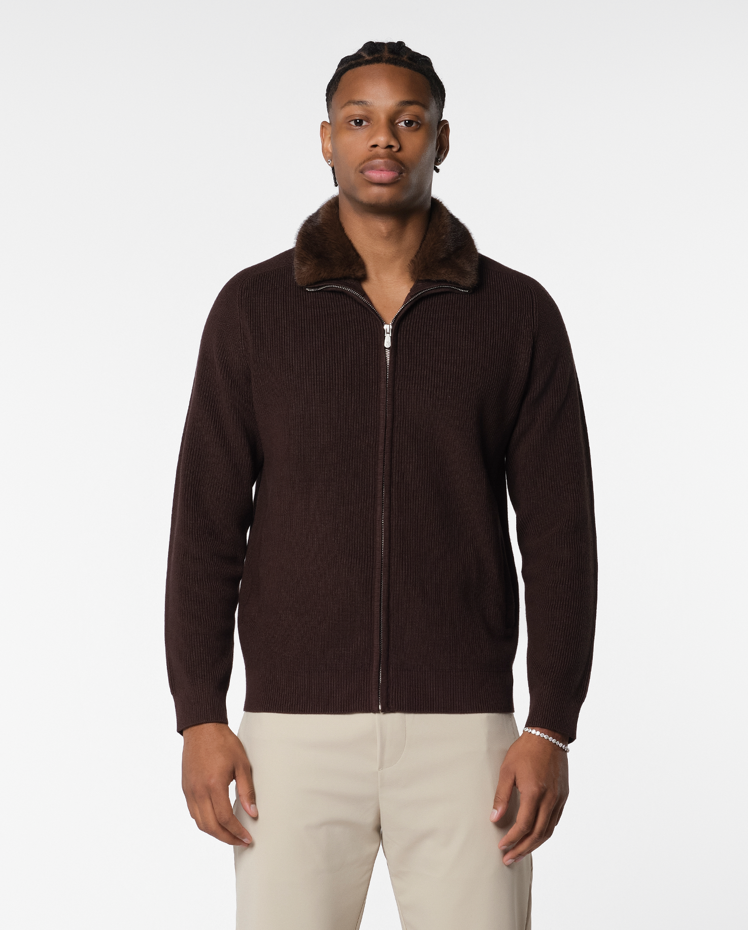 FURNECK KNIT JACKET - BROWN