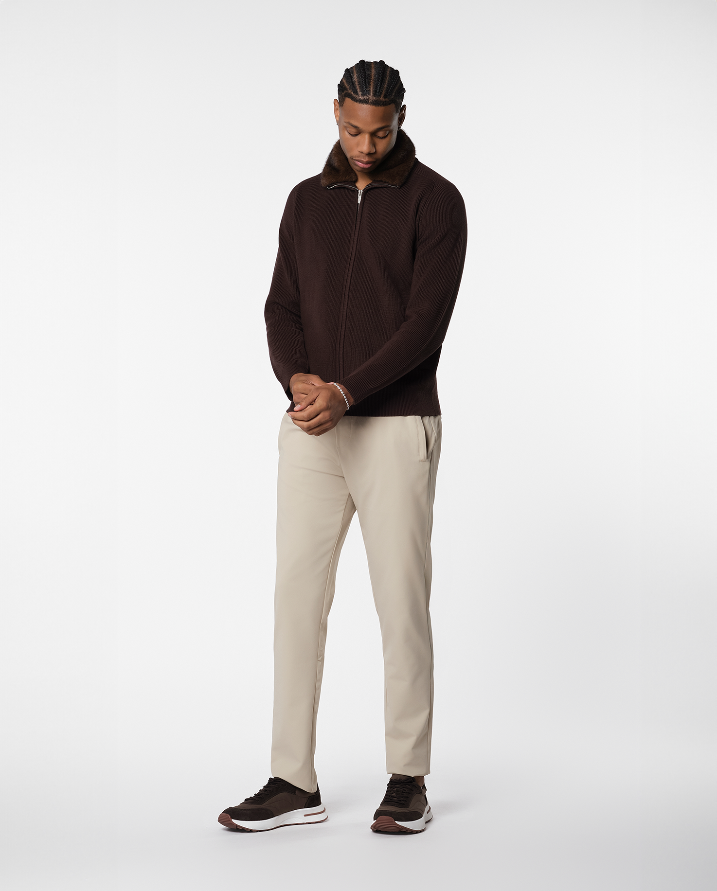 FURNECK KNIT JACKET - BROWN