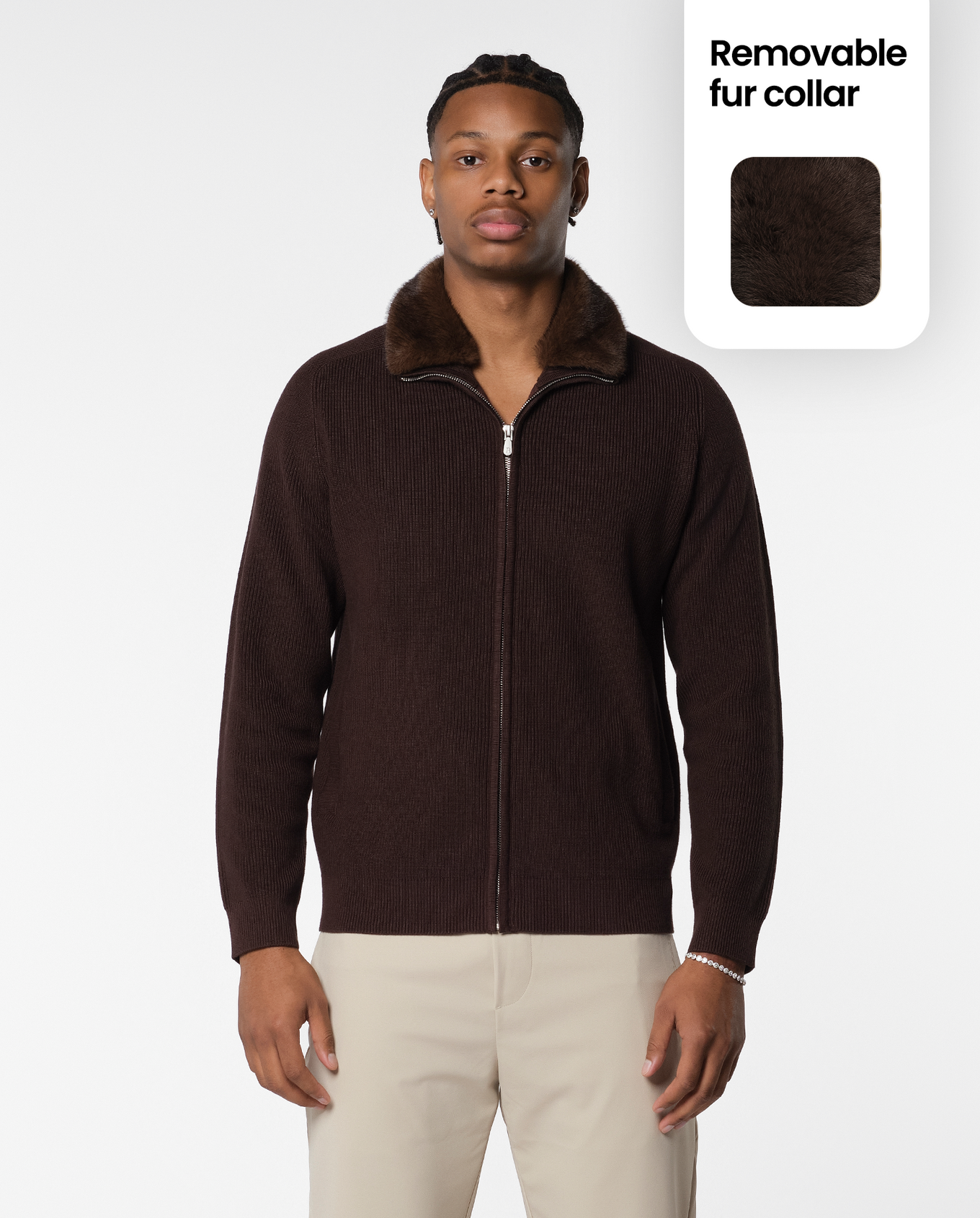 FURNECK KNIT JACKET - BROWN