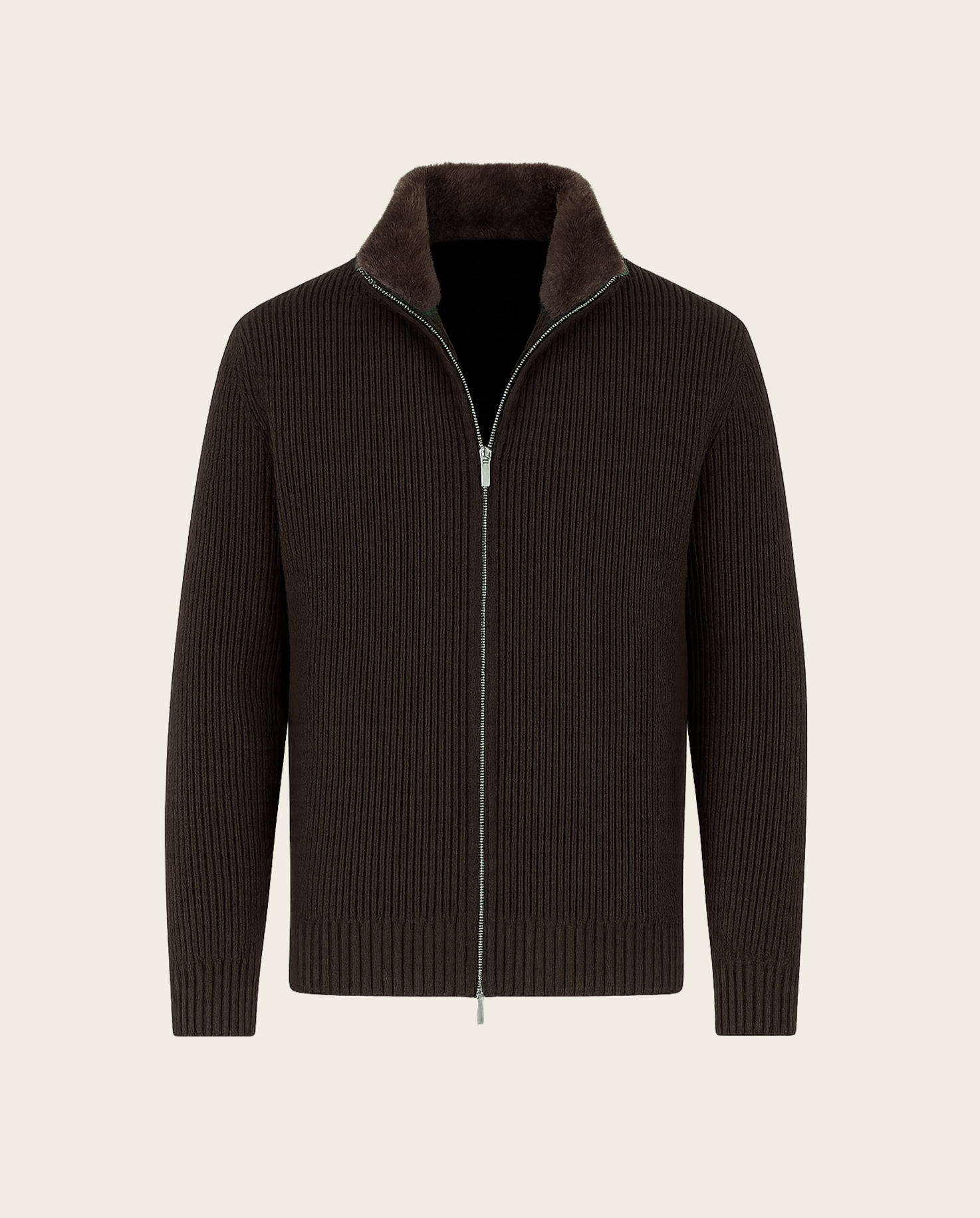FURNECK KNIT JACKET - BROWN